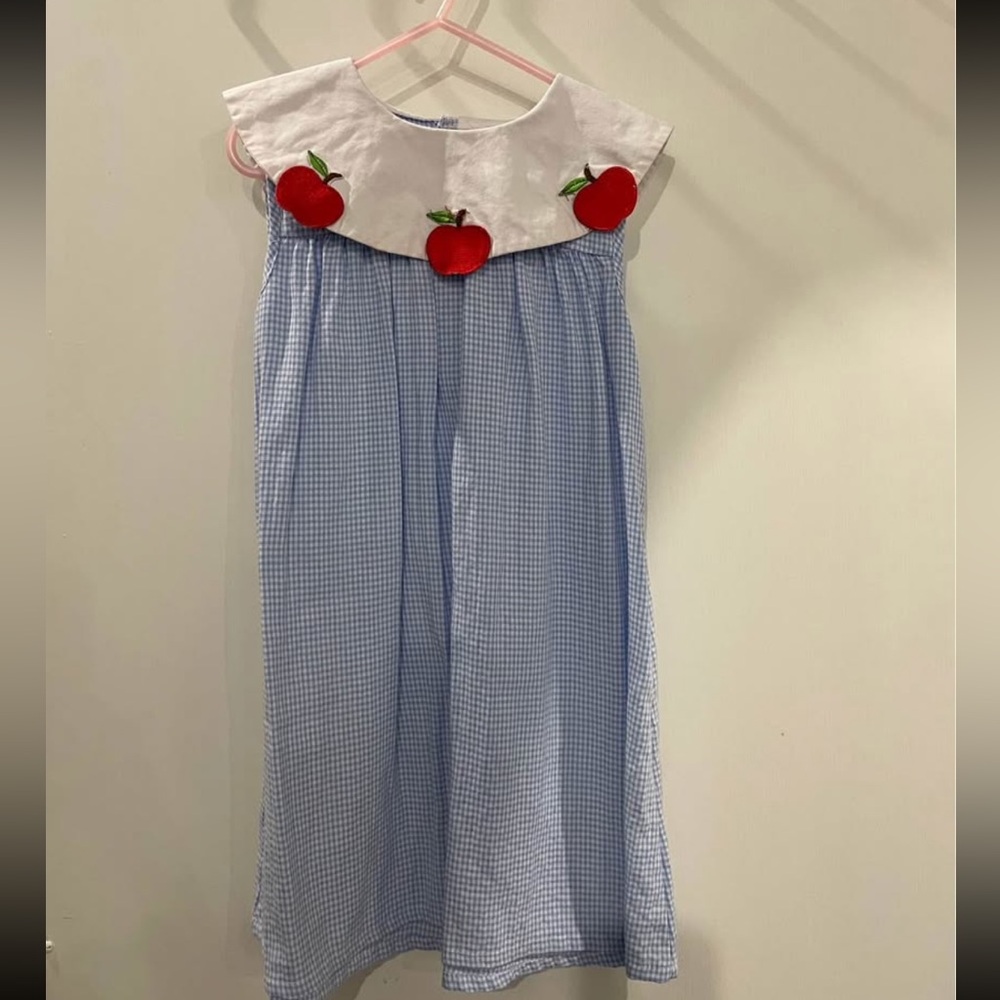 Blue and White Gingham Kids Dress with Apple Accents. Great school dress